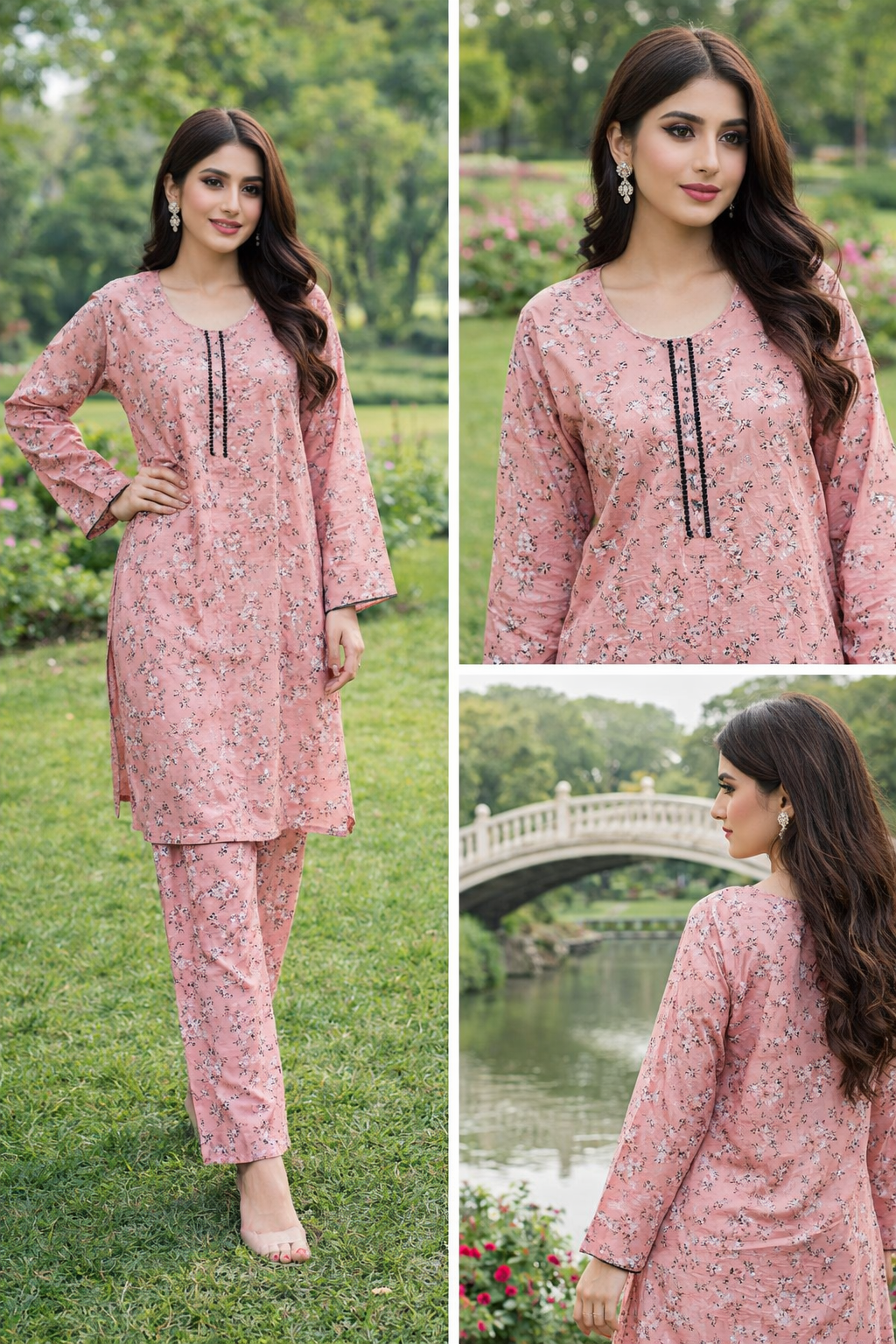 Ebriqs Blush Pink Floral 2-Piece Co-ord Set| Printed Kurta + Straight Pants