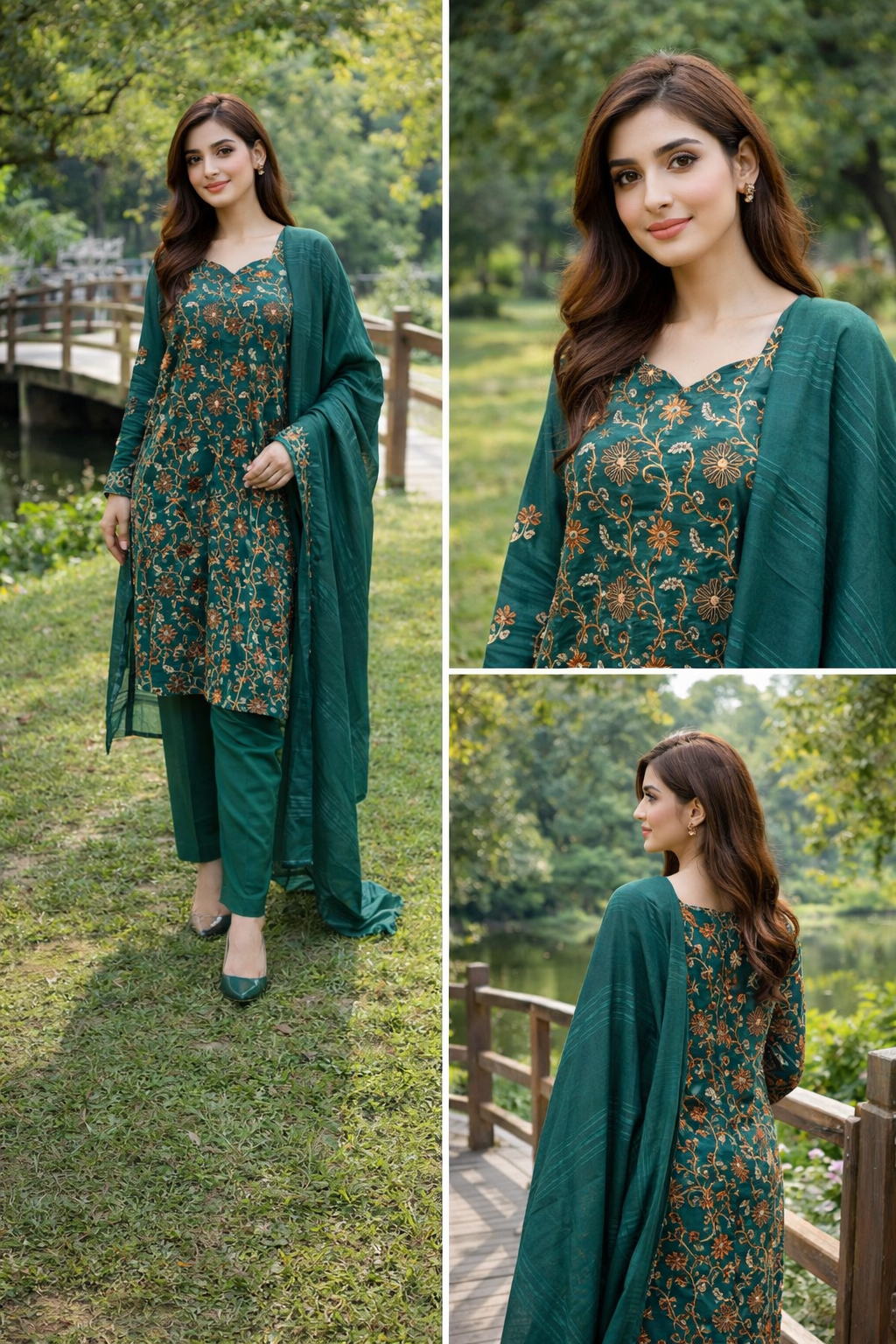 Emerald green embroidered 3-piece suit,