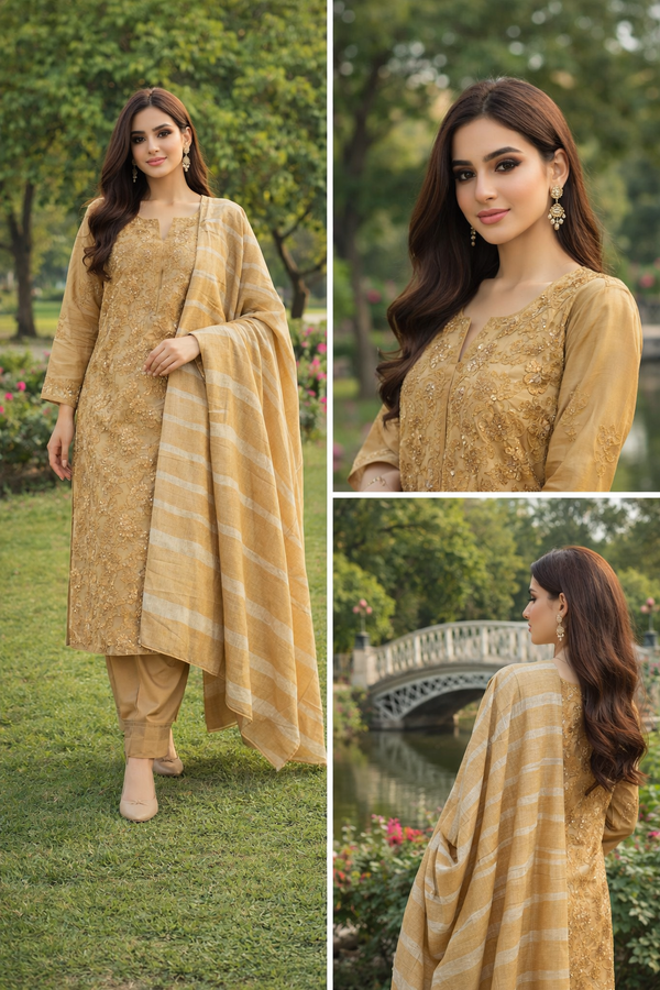 Golden Embroidered 3-Piece Suit (Kurta + Trouser + Dupatta)