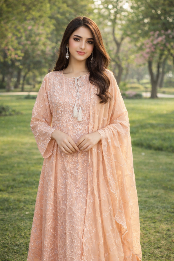 Blush Peach Embroidered 3PC Formal Suit with Dupatta