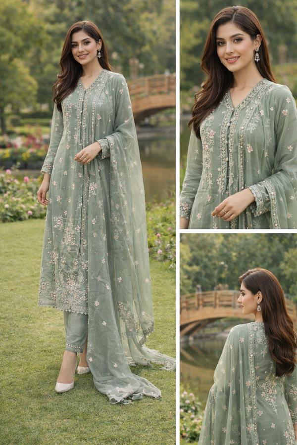 Sage Green Luxury Embroidered Wedding Suit – 3 Piece