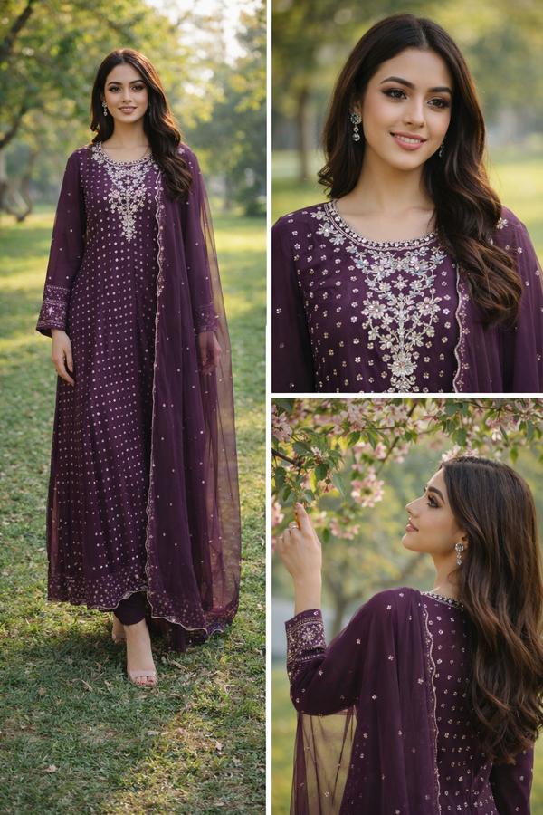 Deep Plum 3PC Embroidered Suit