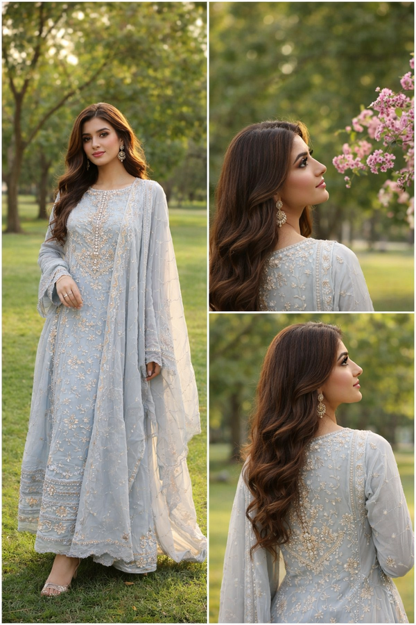 Icy Blue 3PC Embroidered Suit