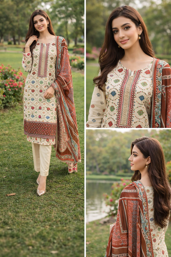 ✅ Ivory Multi-Motif 3PC Suit with Rust Printed Dupatta
