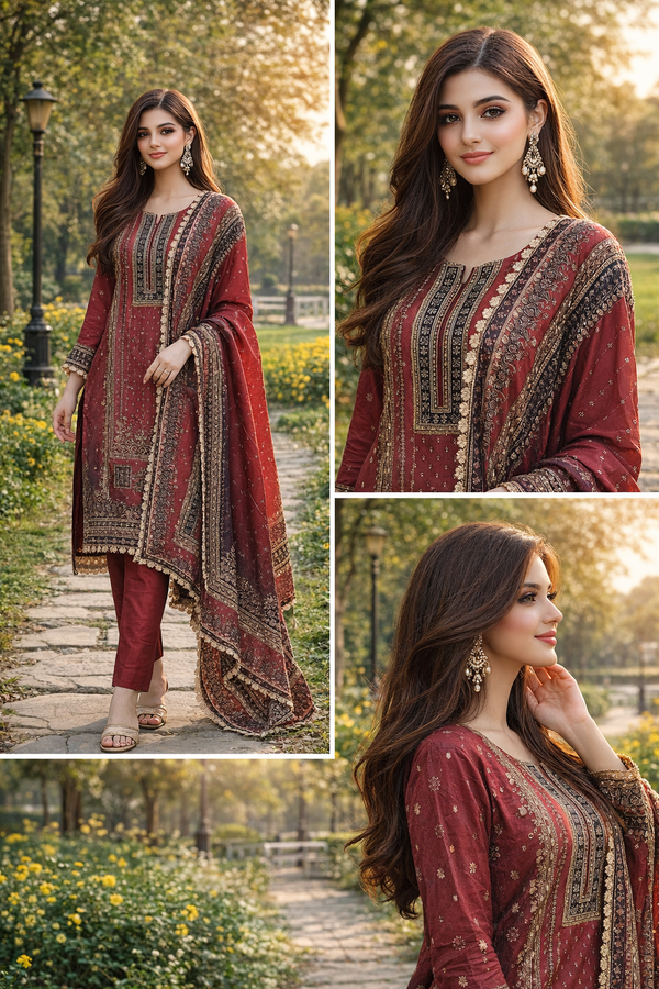 Maroon Heritage Print 3PC Suit with Statement Dupatta