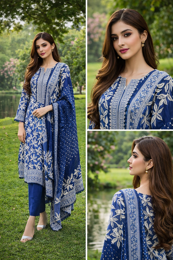 Royal Blue Floral Print 3PC Suit with Jacquard Dupatta