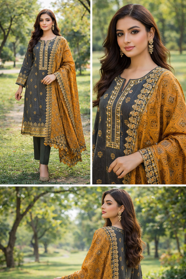 Charcoal Black & Mustard Gold Print 3PC Suit with Statement Dupatta