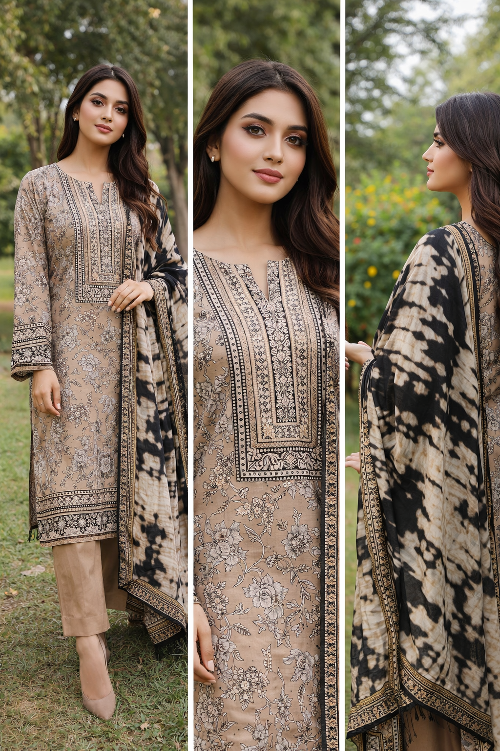 Beige Floral Print 3PC Suit with Black Tie-Dye Dupatta