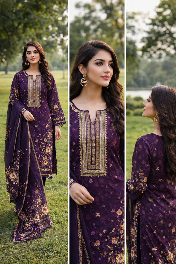 Royal Plum Floral 3PC Suit with Gold Embroidered Neckline