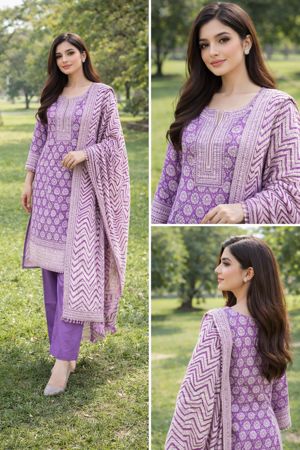 Lavender Bloom 3PC Suit with Chevron Dupatta