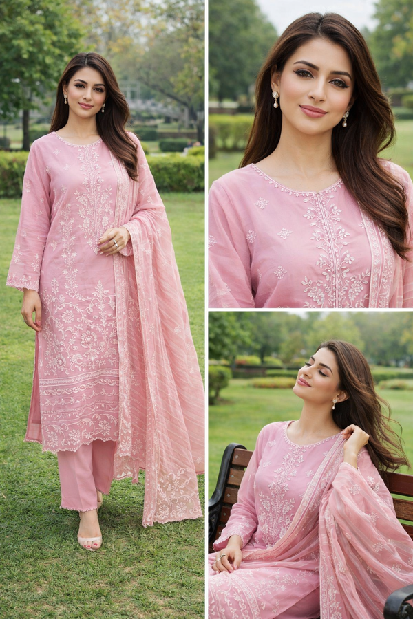 Eid Elegance – Embroidered 3PC Suit (Pink)