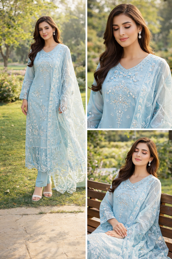 Eid Elegance – Embroidered 3PC Suit (Powder Blue)