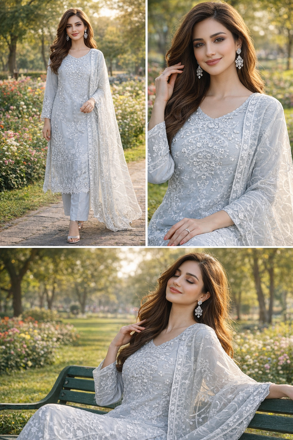 Eid Luxe – Embroidered 3PC Suit (Silver Grey)