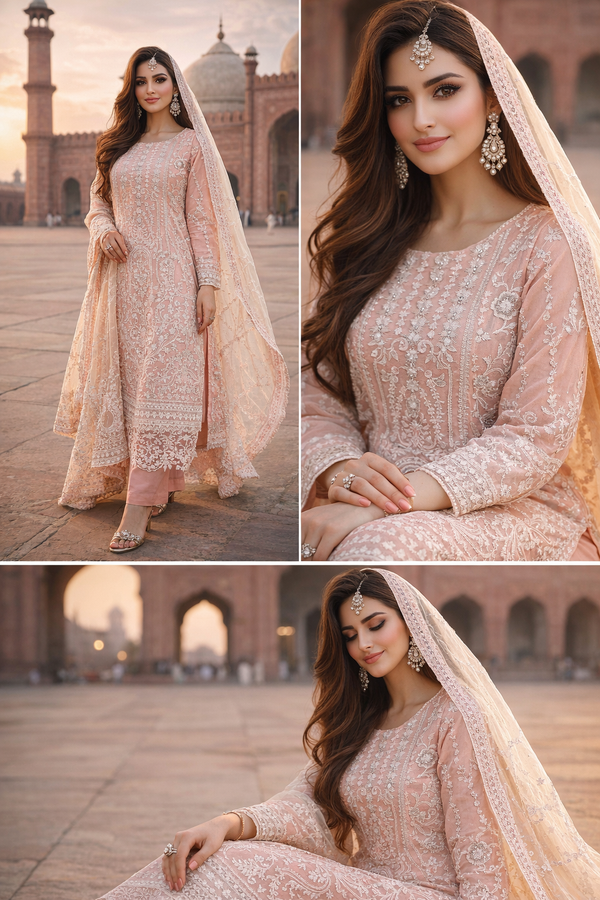 Eid Royale – Embroidered 3PC Suit (Blush Peach)