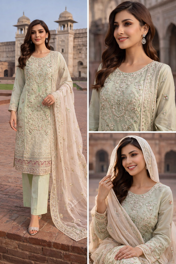 Eid Heritage – Embroidered 3PC Suit (Mint Sage)