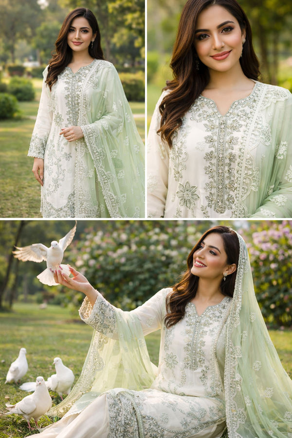 Eid Serenity – Embroidered 3PC Suit (Ivory & Mint)