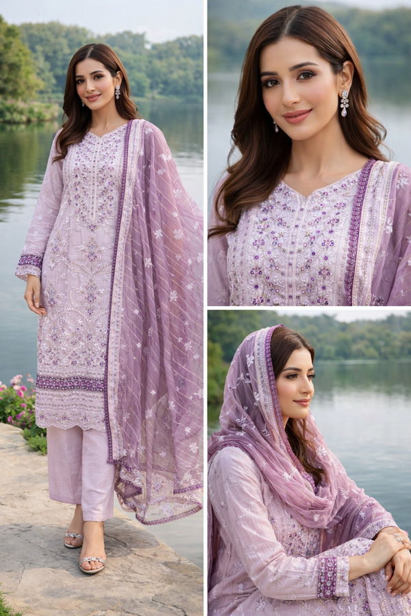 Eid Lavender Luxe – Embellished 3PC Suit (Lilac)