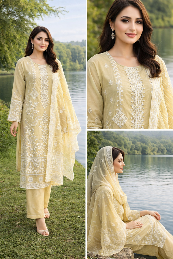 Butter Yellow Embroidered 3 Piece Suit