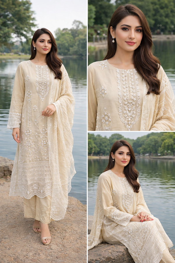 Elegant Beige Embroidered 3-Piece Lawn Suit for Women