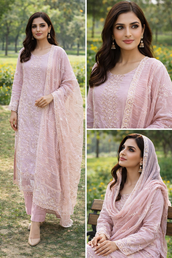 Blush pink embroidered 3 piece suit