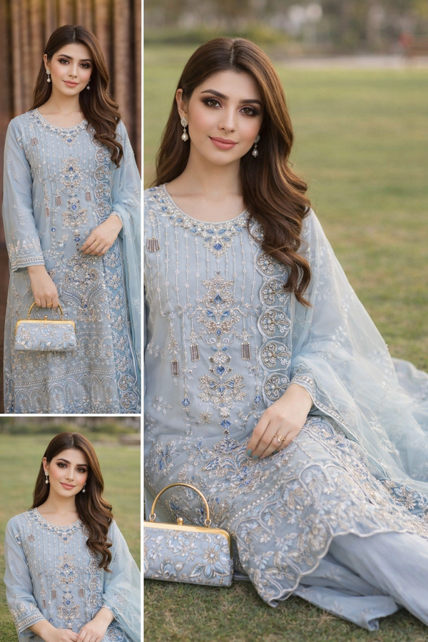 Powder Blue Embroidered Luxury Pret Suit