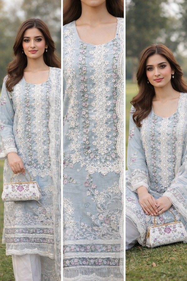 Ice Blue Floral Embroidered Luxury Pret Suit
