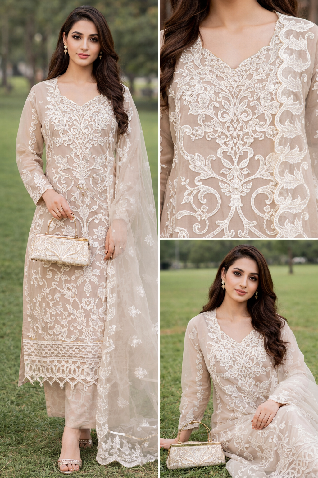 Beige Ivory Embroidered Luxury Pret Suit