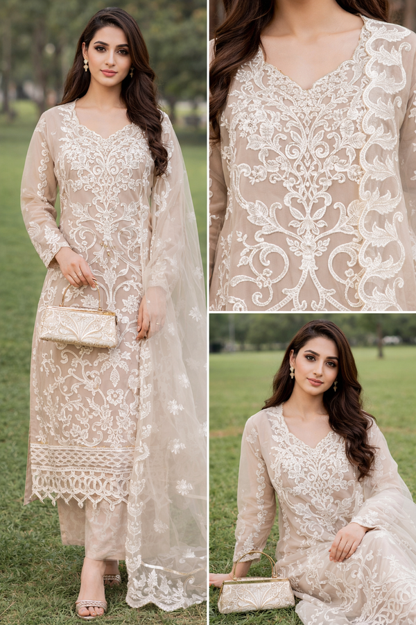 Beige Ivory Embroidered Luxury Pret Suit