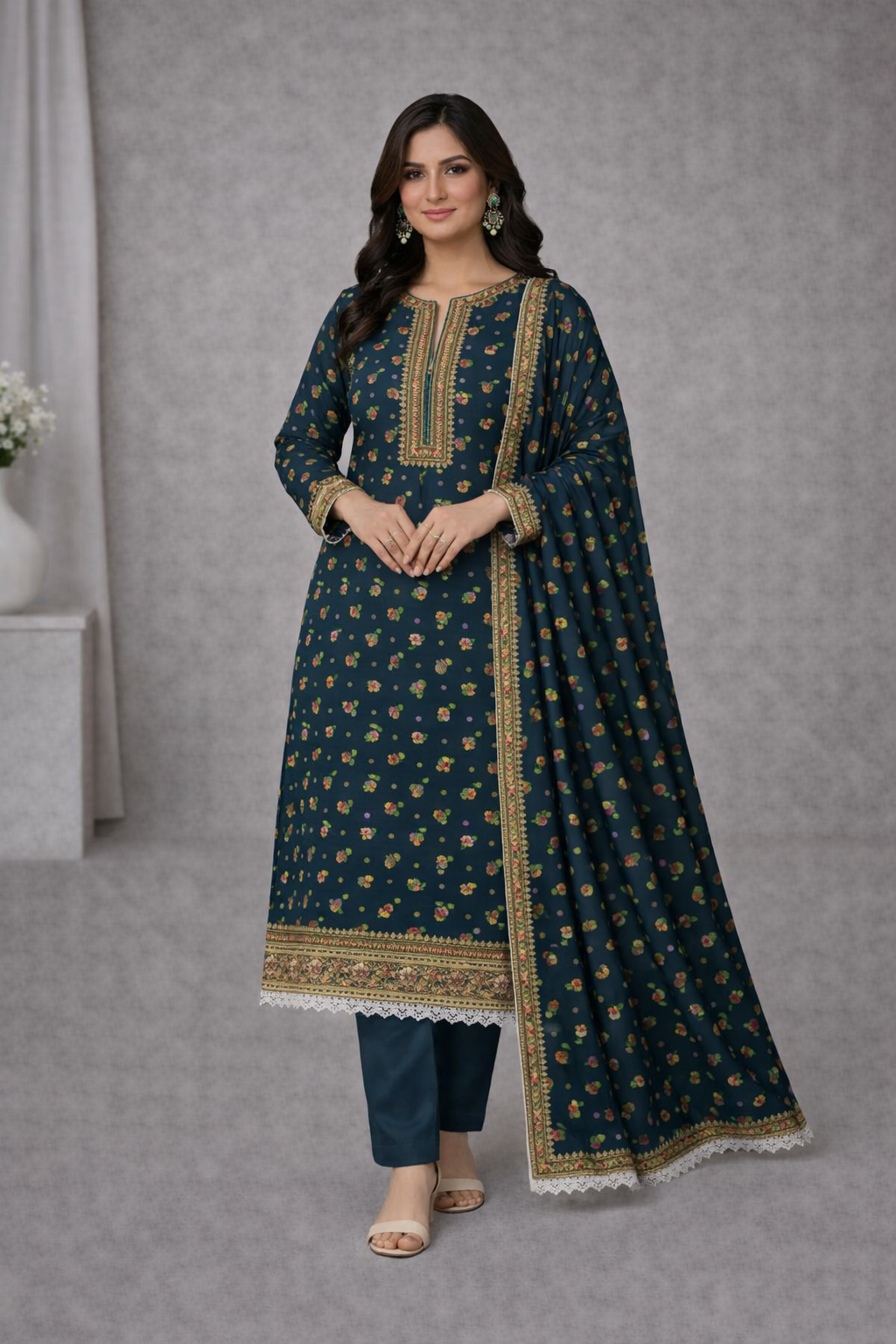 Deep Teal Floral Printed 3 Piece Suit with Dupatta