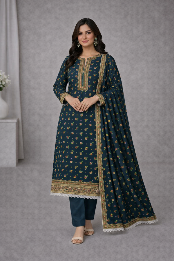 Deep Teal Floral Printed 3 Piece Suit with Dupatta