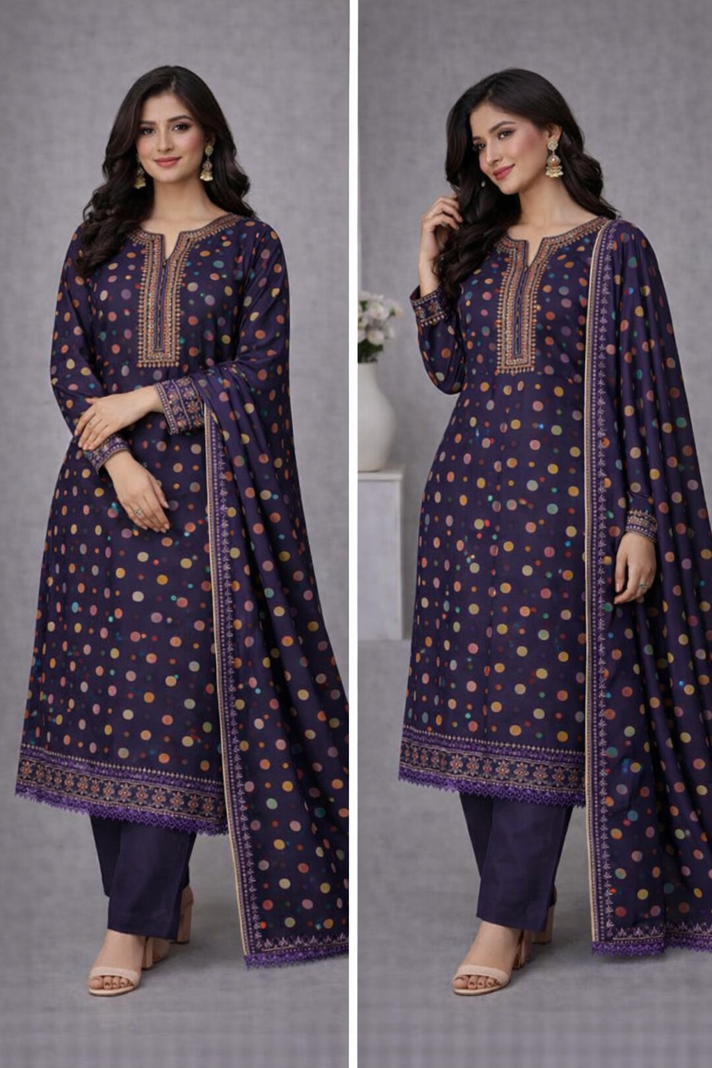 Navy Blue Multi-Dot Printed 3 Piece Suit with Dupatta