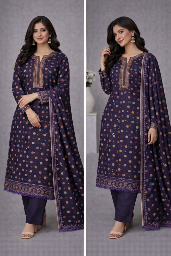 Navy Blue Multi-Dot Printed 3 Piece Suit with Dupatta