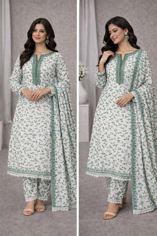 Ivory White Floral Printed 3 Piece Suit with Dupatta