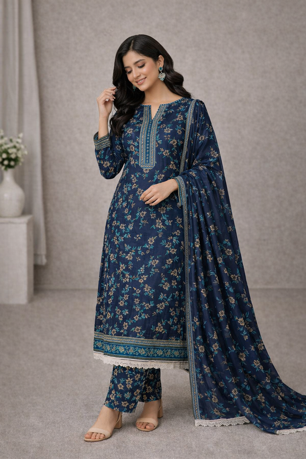 Navy Blue Floral Printed 3 Piece Suit with Dupatta