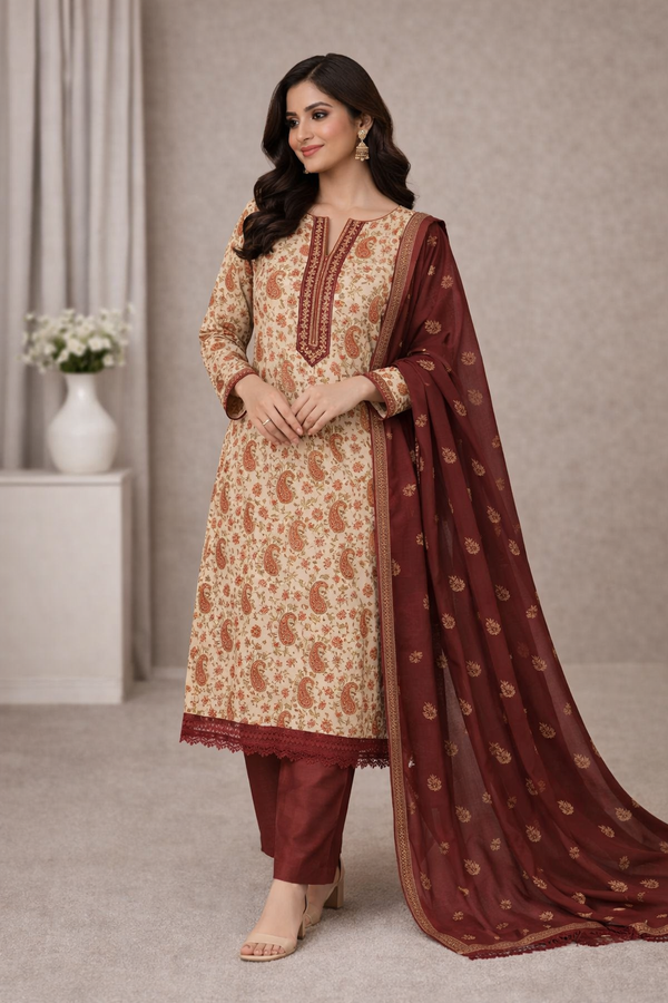 Beige Paisley Printed 3 Piece Suit with Maroon Dupatta
