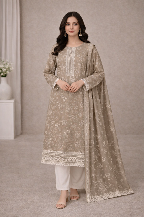 Taupe Grey Floral Printed 3 Piece Suit with White Trouser & Dupatta