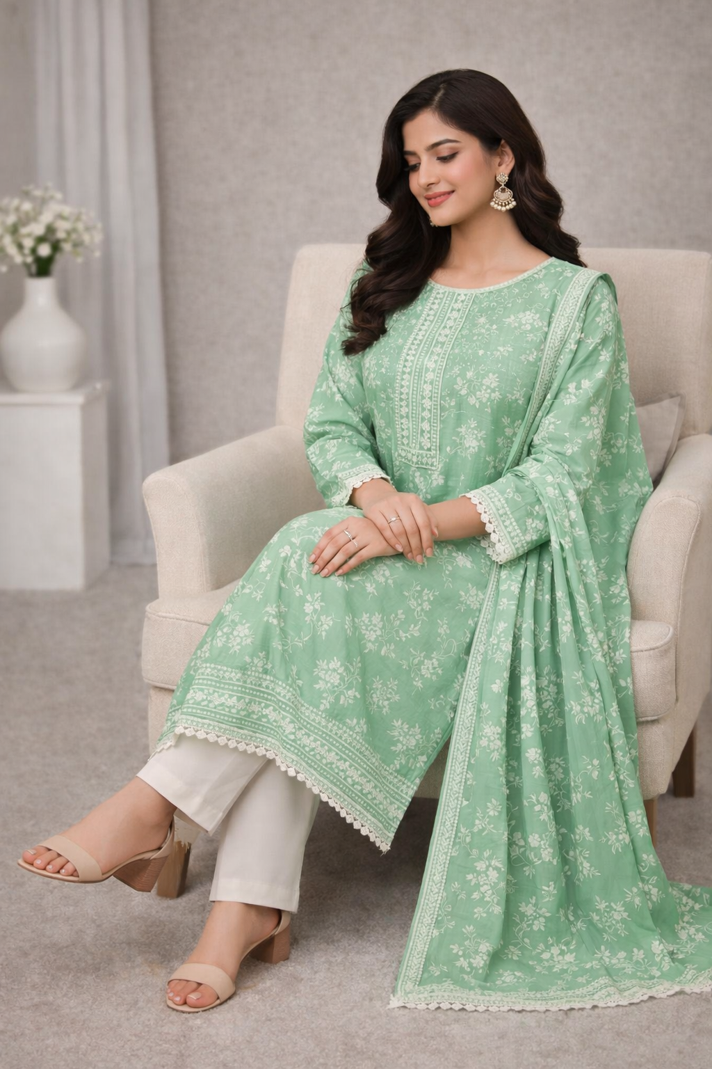 Mint Green Floral Printed 3 Piece Suit with White Trouser & Dupatta
