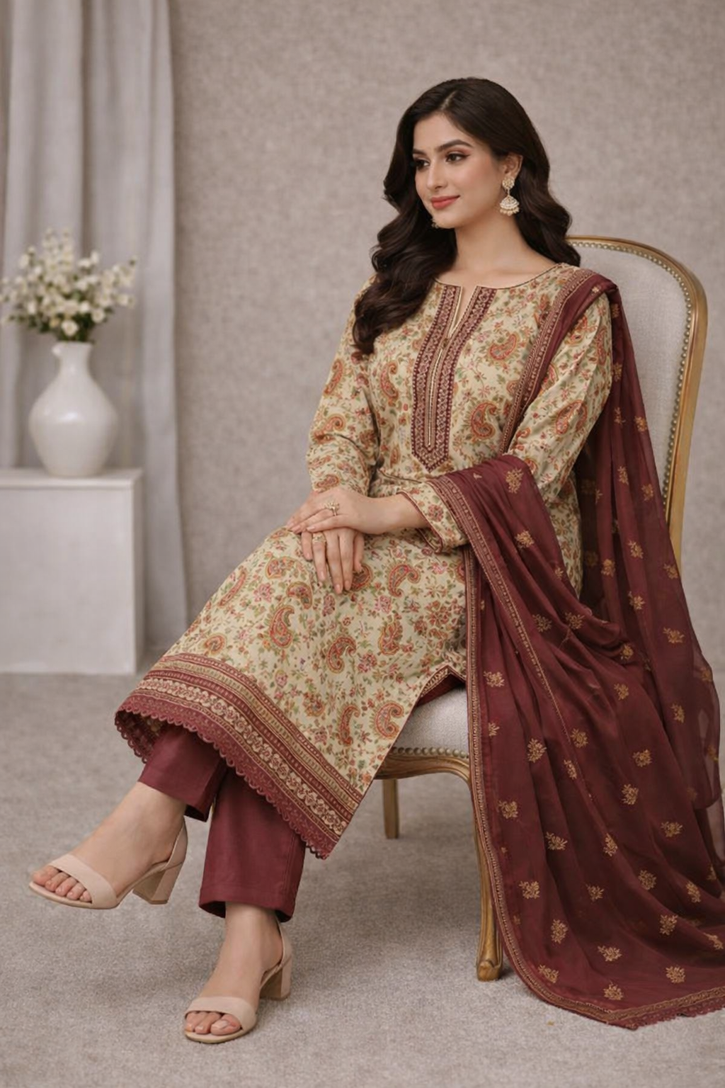 Beige Paisley Printed 3 Piece Suit with Maroon Dupatta