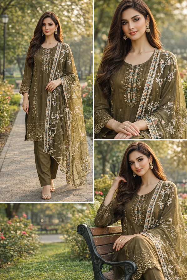 Olive Embroidered 3-Piece Suit