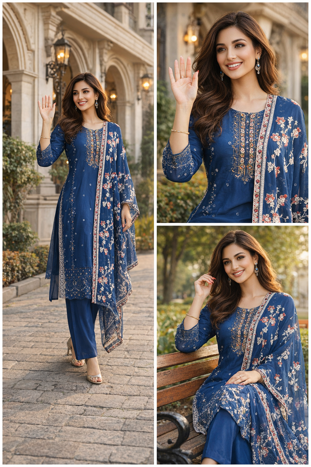 Navy Blue Embroidered 3-Piece Suit