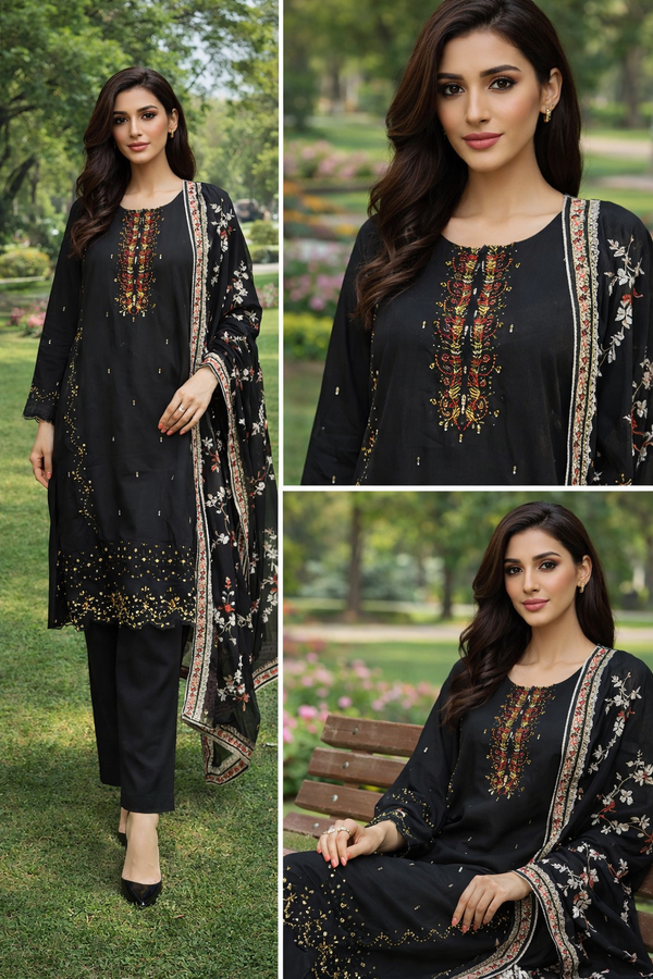 Black Embroidered 3-Piece Suit