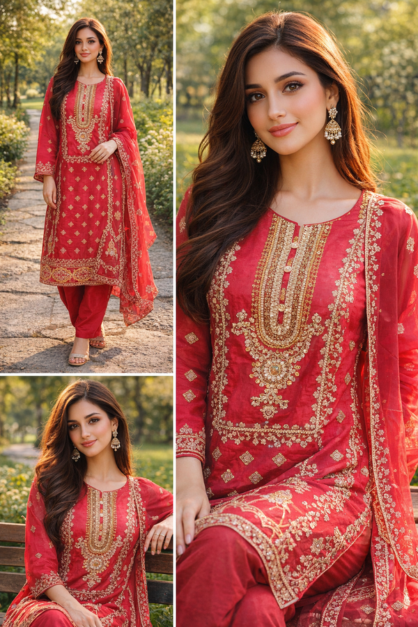 Crimson Red Embroidered 3-Piece Suit