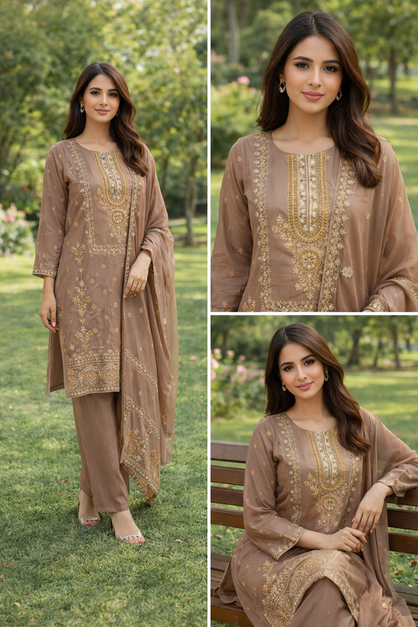 Taupe Gold Embroidered 3-Piece Suit