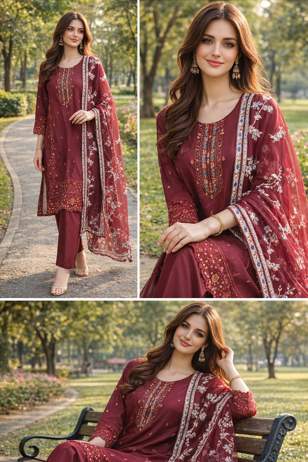 Maroon Embroidered 3-Piece Suit