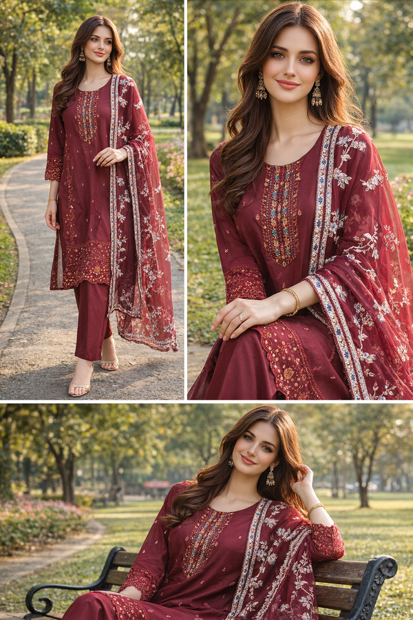 Maroon Embroidered 3-Piece Suit