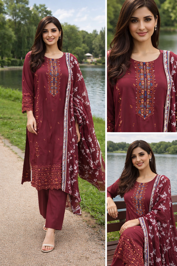 Deep Maroon Embroidered 3-Piece Suit