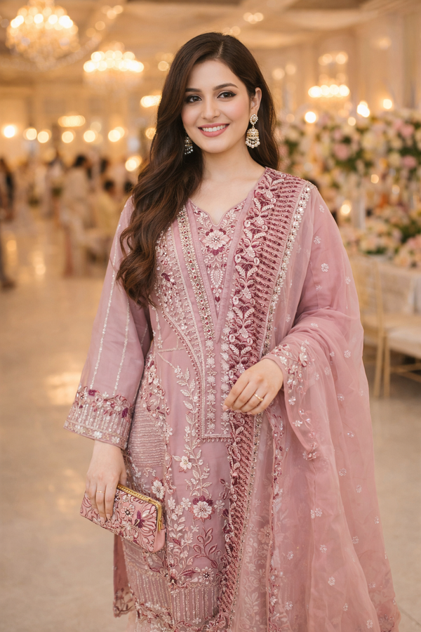 Dusty Rose Embroidered Luxury Pret Suit