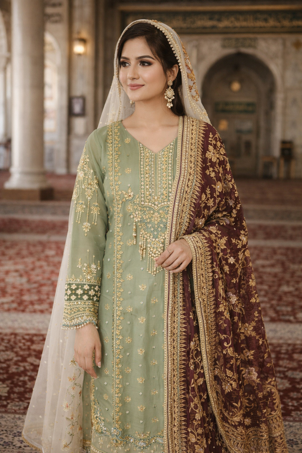 Sage Green & Maroon Embroidered Festive Suit