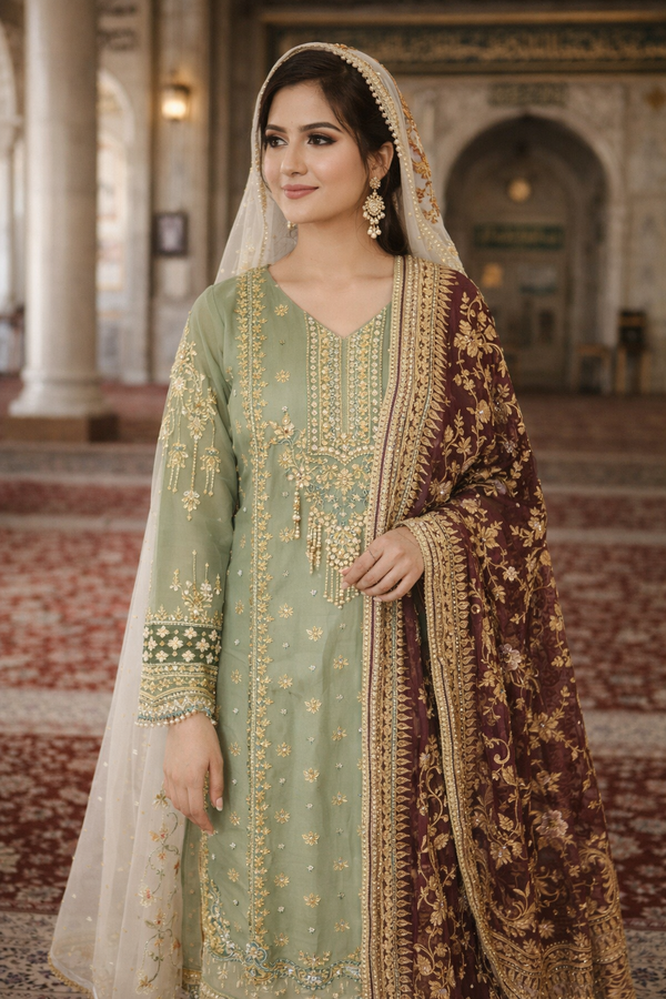 Sage Green & Maroon Embroidered Festive Suit