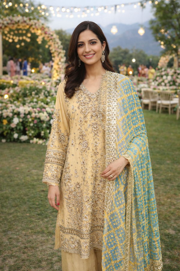 Butter Yellow & Sky Blue Embroidered Festive Suit